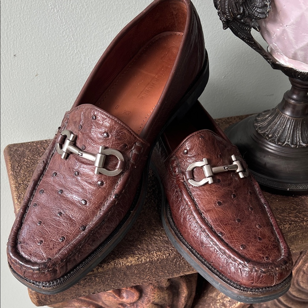 Ostrich Leather Brown Loafers with Silver Detailing